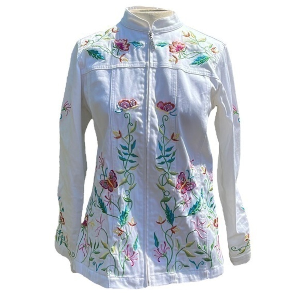 Quacker Factory, full zip jacket, white with multi color floral embroideries